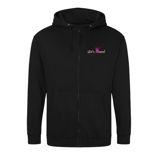 Black zip up hoodie with let's dance logo printed