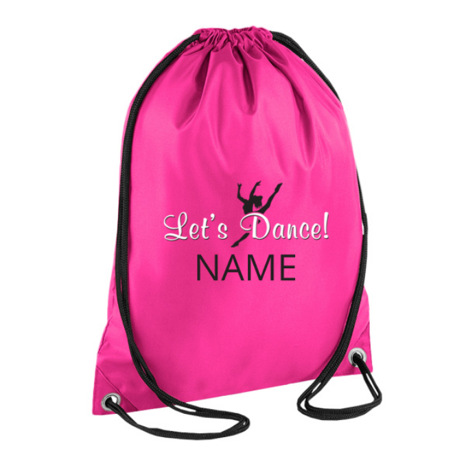 Pink drawstring bag with printed logo and text